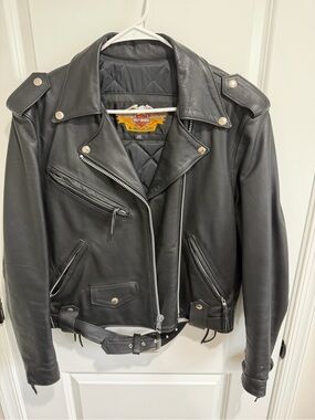 Women’s Harley-Davidson Black Leather Motorcycle Jacket with Gold Logo Accent